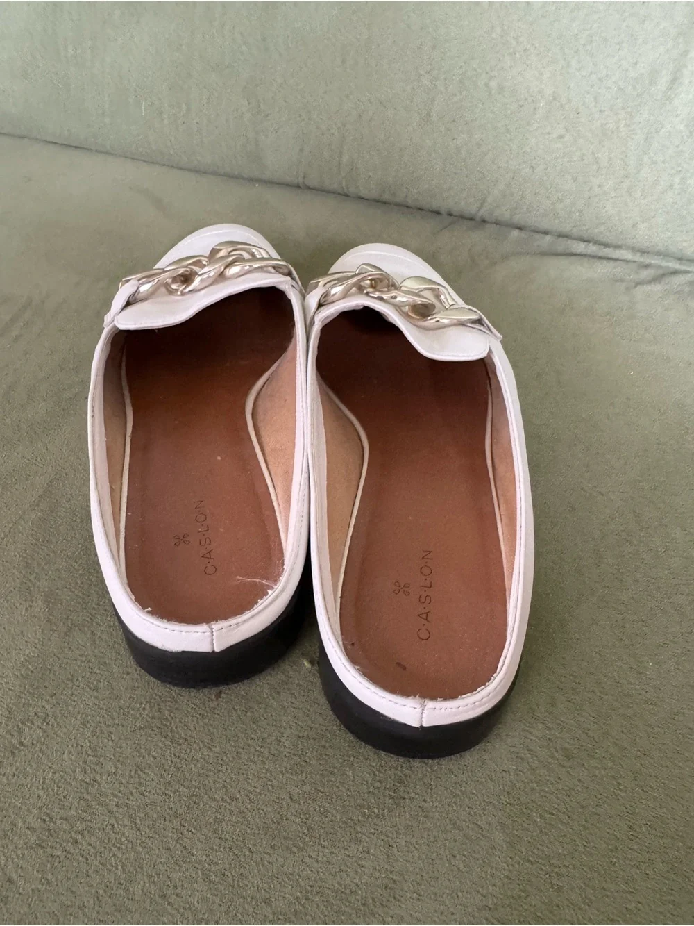 Caslon White Leather Loafers with Gold Chain Accent